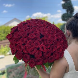 101 однобутонна троянда Ред Наомі, висотою 50-60 см, з оформленням під стрічку, та доставкою по всій Україні.